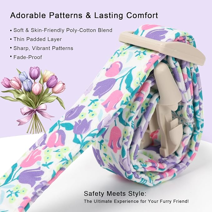 Floral Dog Collar for Small Dogs - Pink Purple Tulips Print Dog Collars, Spring Summer Cute Flower Puppy Collar, Lightweight Adjustable April Holiday Boy Girl Dogs Collars S