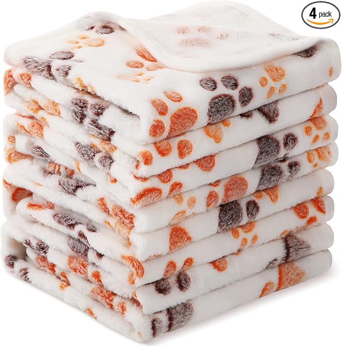 Tatuo 4 Pack Fleece Dog Blankets for Puppy Cats Multi-Size Sleep Mat for Pet Guinea Pig Soft Washable Warm Crate Bed Puppy Teething Toys Print Pattern Blanket Indoor(White,41 x 30 Inch,Paw)