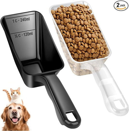 2-Pack Dog Food Scoop 1 Cup, Plastic Pet Food Measuring Scoop With Measuring Lines (1/2 & 1 Cup Markings) for Dogs, Cats, Fish, Bird（Black and Transparent（Black