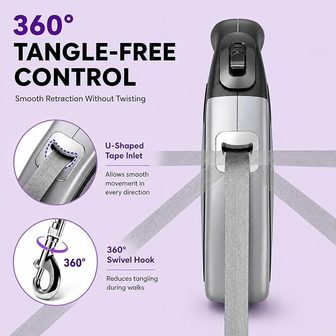 Heavy Duty Retractable Dog Leash-16ft Strong & Durable Walking Leash for S to L Dogs up to 45/115 lbs, Upgraded Lock System, Non Slip Grip, Tangle Free (Grey, Medium-Large Sized)