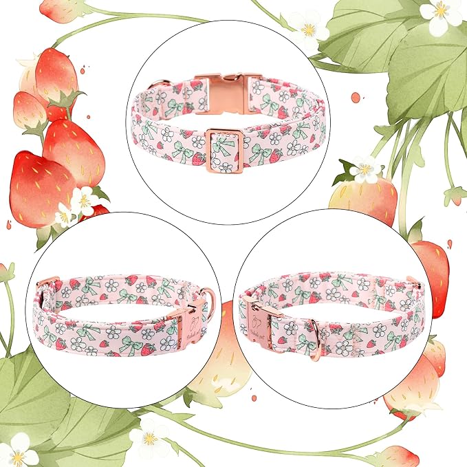 Pink Girl Dog Collar, Sweet Strawberry Spring Summer Dog Collars, Vintage Bow Puppy Collar, Adjustable Heavy Duty Pet Collar for Small Medium Large Dogs with Metal Buckle L