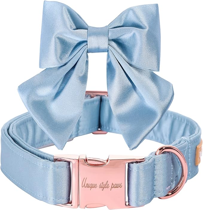 Unique Style Silk Blue Color Adjustable Paws Bow Wedding Dog Collar for X-Small Puppy and Cats