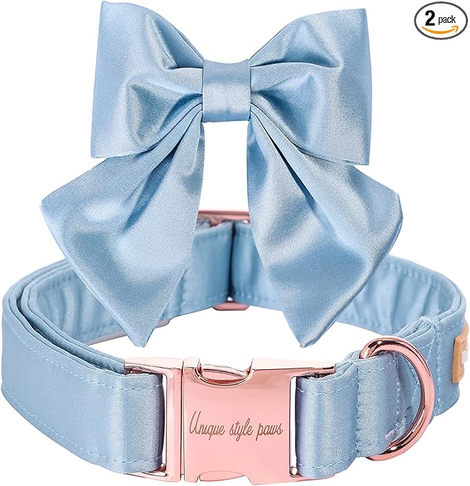 Unique style paws Silk Blue Color Dog Collar Adjustable Durable Dog Collar with Bow Wedding Bowtie Collar for Large Dogs