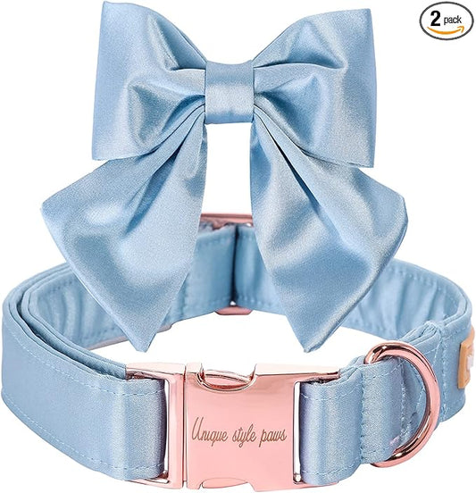 Unique style paws Silk Blue Color Dog Collar Adjustable Durable Dog Collar with Bow Wedding Bowtie Collar for Small Puppy and Cats