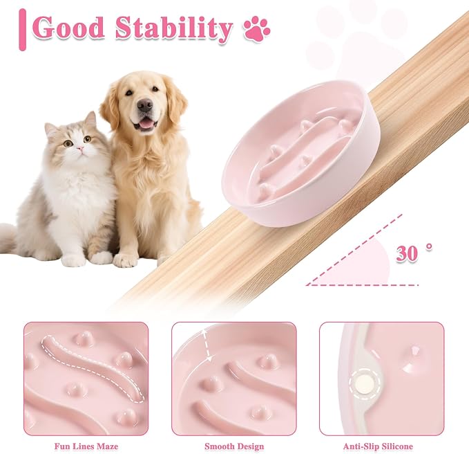 Ceramic Slow Feeder Dog Bowls, 1.5 Cups Dog Food Dish for Medium and Large Breed, Puzzle Dog Food Bowl for Fast Eater, 28OZ, 7.5 inch(Pink)