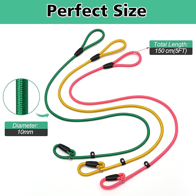 FOVRLZSE 3-Pack Adjustable No-Pull Dog Slip Leads 3 Colors (Yellow/Pink/Green) - Dogs' Fave Hues, Easy On/Off, No Collar Needed, Ideal for Training & Walking