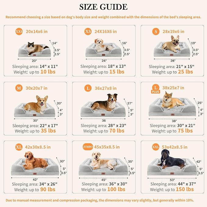 Comfort Expression Orthopedic Dog Bed for Extra Large Dogs 42x30 Inch, Waterproof Egg Crate Foam XL Pet Bed with Removable Bolsters, Dog Couch with Washable Cover & Non-Slip Bottom, Grey White