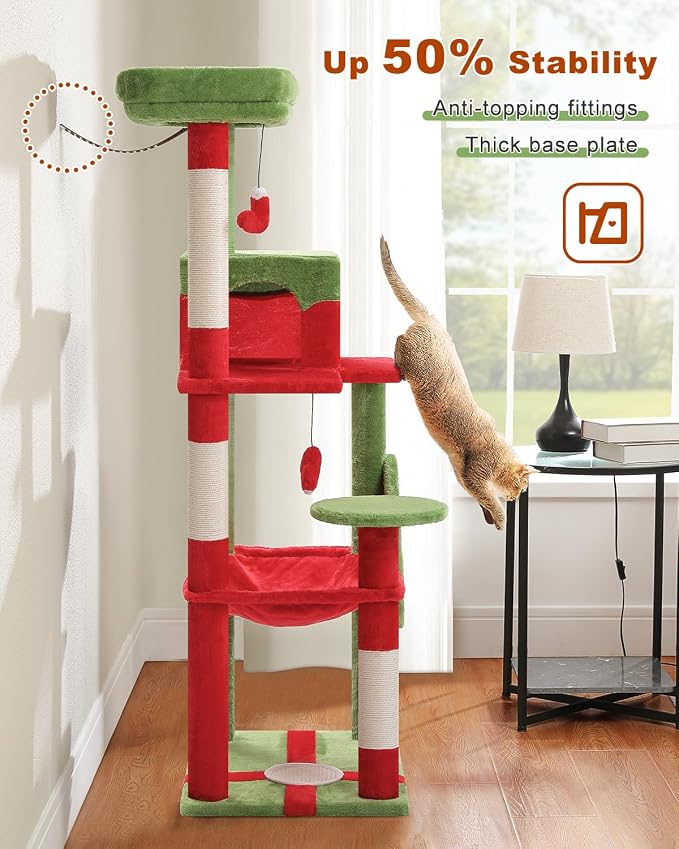 MUTTROS Cat Christmas Tree for Indoor Cats – 56.3“ Cat Proof Christmas Tree Tower with Large Hammock, 3 Scratching Posts & 3 Christmas Toy Balls – Holiday Cat Tree with Festive Decor, Christmas Red