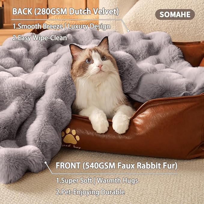 SOMAHE Pet Blanket, Reversible Sherpa & Bubble Fleece Pet Throw, Ultra-Soft Plush for Cats & Small Dogs, Machine Washable, Anti-Static, Warm & Cozy,28"×22" Inch Gray
