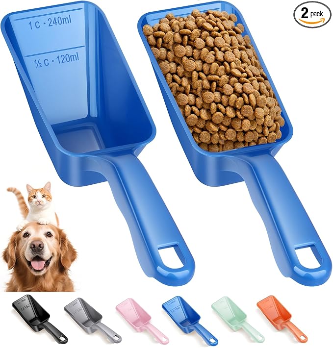 2-Pack Dog Food Scoop 1 Cup, Plastic Pet Food Measuring Scoop With Measuring Lines (1/2 & 1 Cup Markings) for Dogs, Cats, Fish, Bird（Blue)