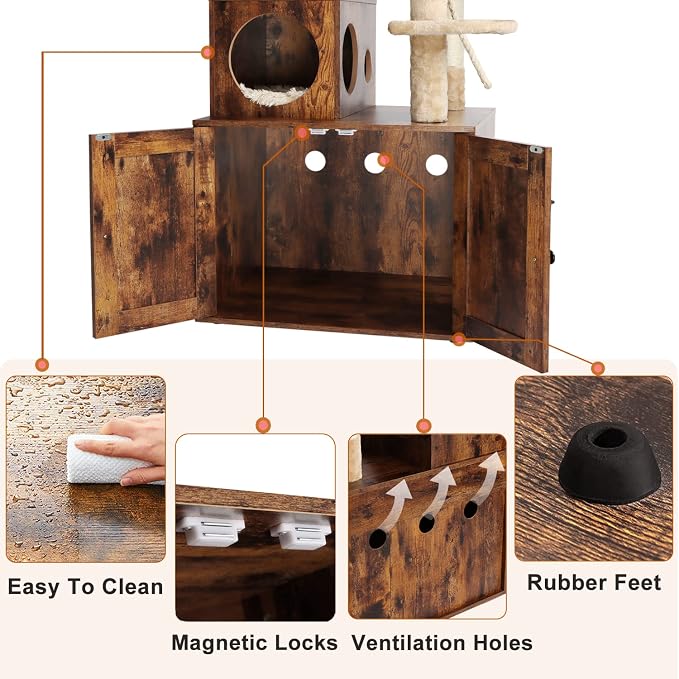 Timberer Cat Tree with Litter Box Enclosure, 2-in-1 Cat Tower for Indoor Cats, Large Wood Cat Condo with Basket, Scratching Posts, Pompoms, Rustic Brown