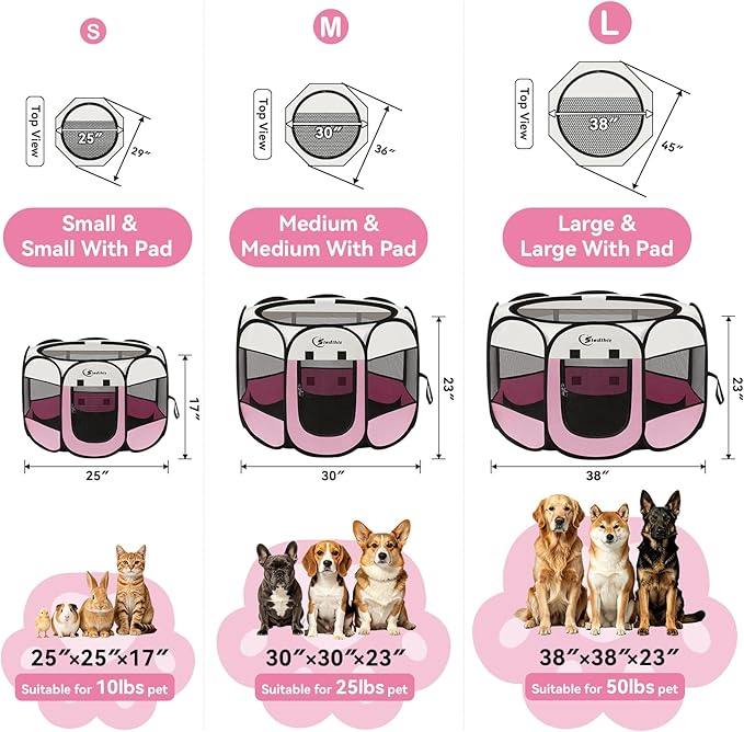 Pink Puppy Playpen for Middle Dog Cat, Dogs Tent Crate Cage Indoor/Outdoor, Portable Pop Up Dog Kennel with Carrying Bag for Rabbits, Removable Top (Pink with Pad, Large)