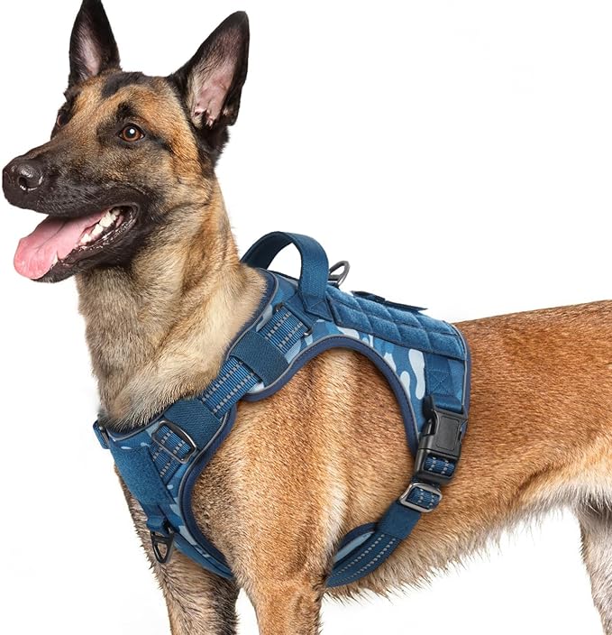 rabbitgoo Dog Harness for Large Dogs No Pull, Tactical Service Pet Vest with Molle and Control Handle, Adjustable and Reflective Military Harness for Easy Walking and Training, Blue Camo, L