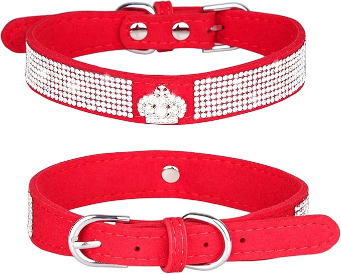 Rhinestone Dog Collar, Cute Dazzling Sparkling Soft Suede Leather Dog Cat Rhinestone Collar Crystal Diamond Pet Dog Puppy Collar (M, Red-4)