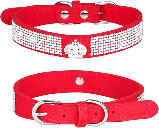 Haoyueer Rhinestone Dog Collar, Cute Dazzling Sparkling Soft Suede Leather Dog Cat Rhinestone Collar Crystal Diamond Pet Dog Puppy Collar (XS, Red-4)