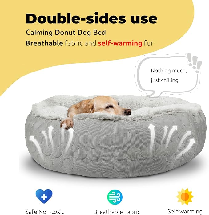 HACHIKITTY Dog Donut Round Calming Bed, Fluffy Dog Bed for Medium Large Dogs, Cooling Warming Soft Dog Cushion Bed, Double Sided Available Dog Bed with Warm & Cool Sides(30"x30"x9", Grey)