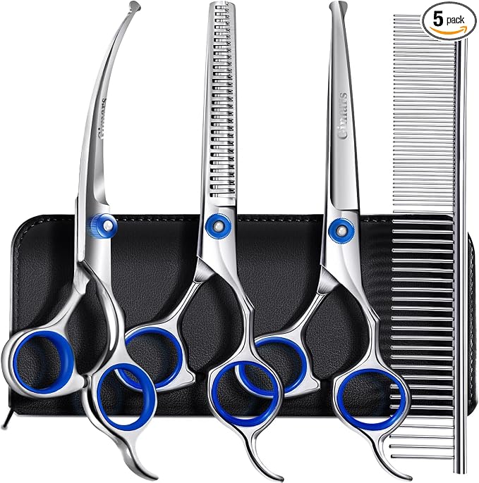 Gimars Professional 5 in 1 Grooming Scissors for Dogs 4CR with Safety Round Tip, Heavy Duty Titanium Coated Straight & Thinning & Curved Shears