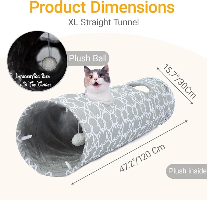 Geometric Straight Cat Tunnel with Plush Inside,Cats Toys Collapsible Tunnel Tube with Balls, for Rabbits, Kittens, Ferrets,Puppy,Diameter 11.8 Inch