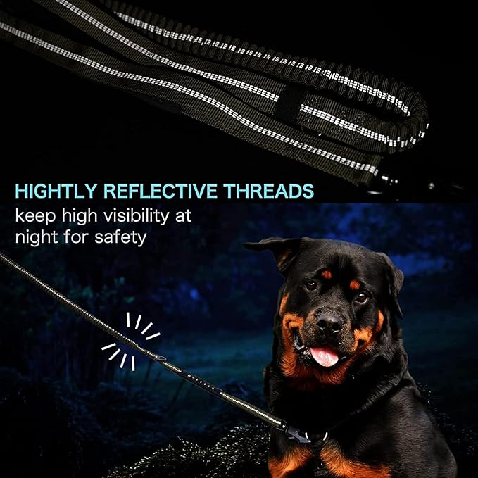 Heavy Duty Tactical Dog Leash, 4-6FT Shock Absorbing Bungee Lead with 2 Padded Handles, Metal Carabiner & Seatbelt Clip, Reflective No-Pull Leash for Medium/Large Dogs Black