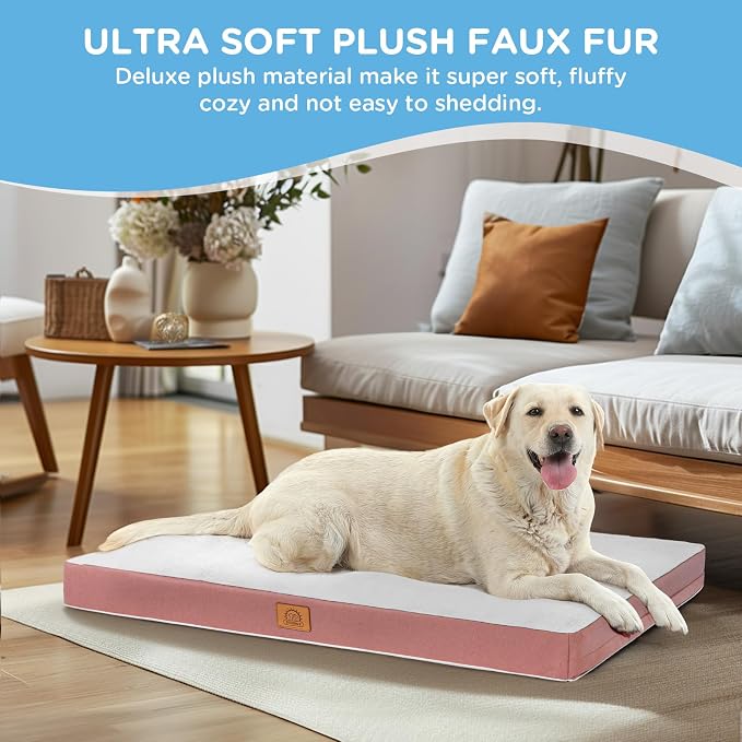 Orthopedic Dog Bed for Large Dogs, Waterproof Deluxe Plush Dog Crate Bed with Removable Washable Cover & Anti-Slip Bottom, Egg Crate Foam Pet Bed Mat, 35 x 22 Inches, Pink