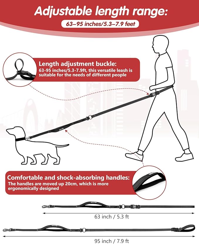 Hands Free Dog Leash & Car Seatbelt, 5.3-7.9ft Crossbody Dog Belt with Dual Soft Handles, Shock-Absorbing, 360° Clip, Reflective Design for Walking, Running, Hiking, Travel. (Black)