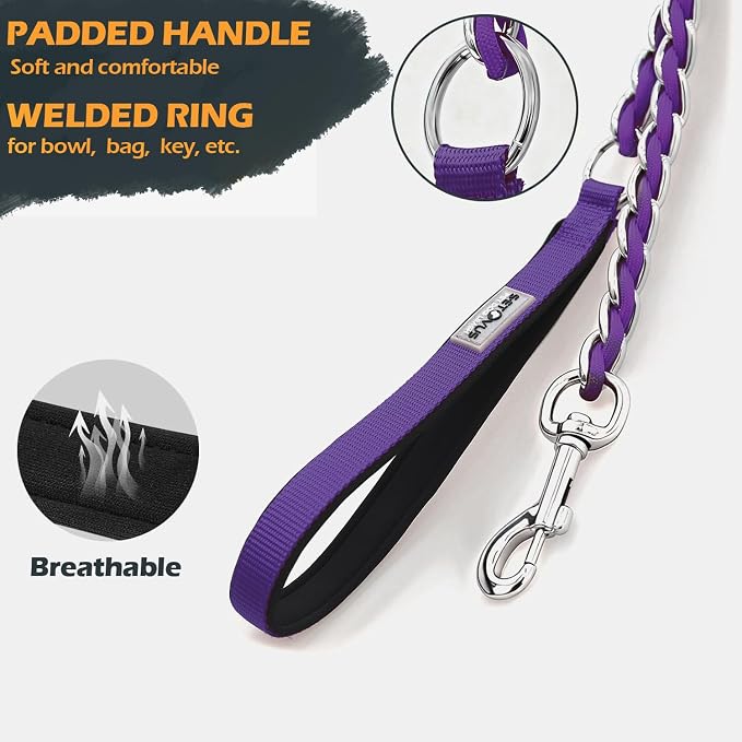 Chain Dog Leash Chew Proof Metal Leash for Medium Large Dogs, Chain Link Dog Anti Chew 5.2FT / 4FT Strong Anti Bite Comfortable Soft Padded Handle (Purple, 5.2(Small & Medium Dogs))