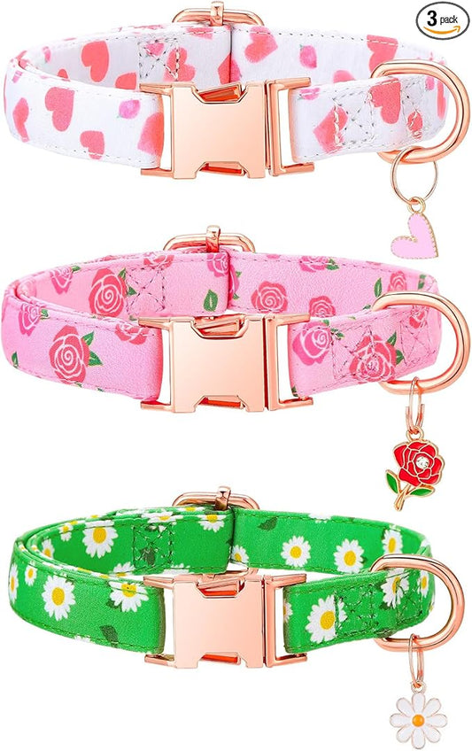 3 Pack Floral Dog Collars for Small Dogs Pink Dog Collar with Flower Pendant for Girl Female Dogs Adjustable Puppy Collars Pet Collar (9-14.5 inch)