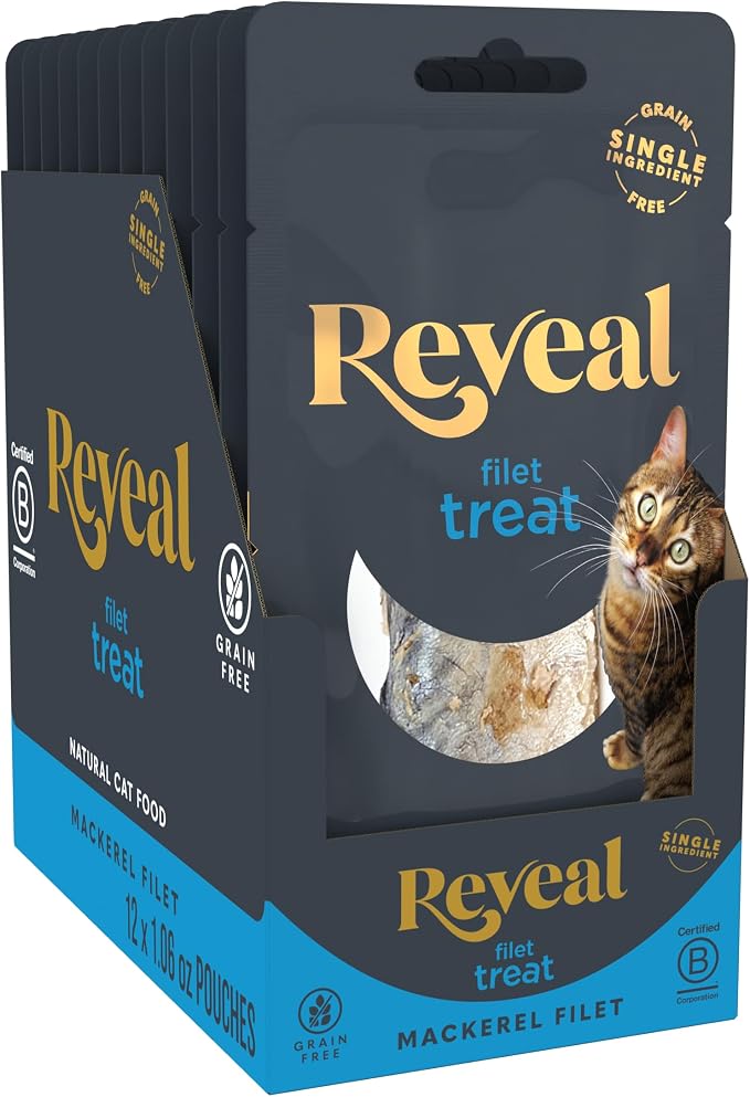 Reveal Whole Mackerel Loin Cat Treats 12 Pack, Single Ingredient, Grain Free, High Protein, Natural Cat Treats for Training, No Fillers, No Artificial Additives (12 x 1.06 oz Loins)