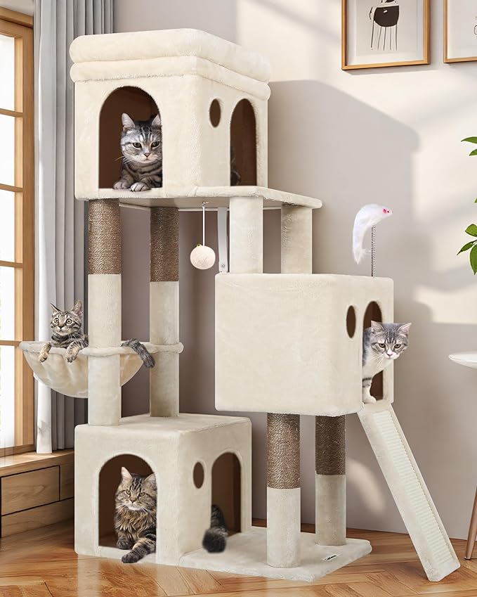 Globlazer Heavy Duty Cat Tree for Indoor Cats Large Adult, F52B, Beige | 3 Condos, Extra-Large Baseboard, Removable Top Perch, 4 Sisal Posts & Board, Hanging Basket, Anti-Topple Strap, Easy Setup