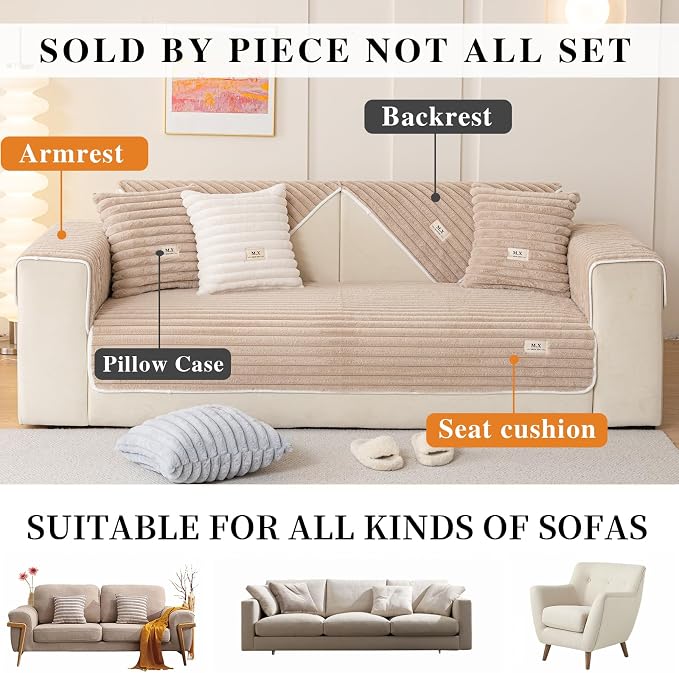 Plush Warm Sofa Covers Washable, Sectional Couch Covers for Loveseat Pet Friendly, Funny Fuzzy Couchs Cover for Dogs, Non-Slip Dog Couch Cover Protector(1PC, Khaki, 35.4"×63")