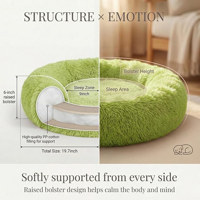 Calming Donut Dogs Beds for Small Dogs Washable,19inch Fluffy Round Puppy Bed for Puppies,Cats & Toy Breeds with Raised Rim,Fits up to 15 lbs Pets,Green