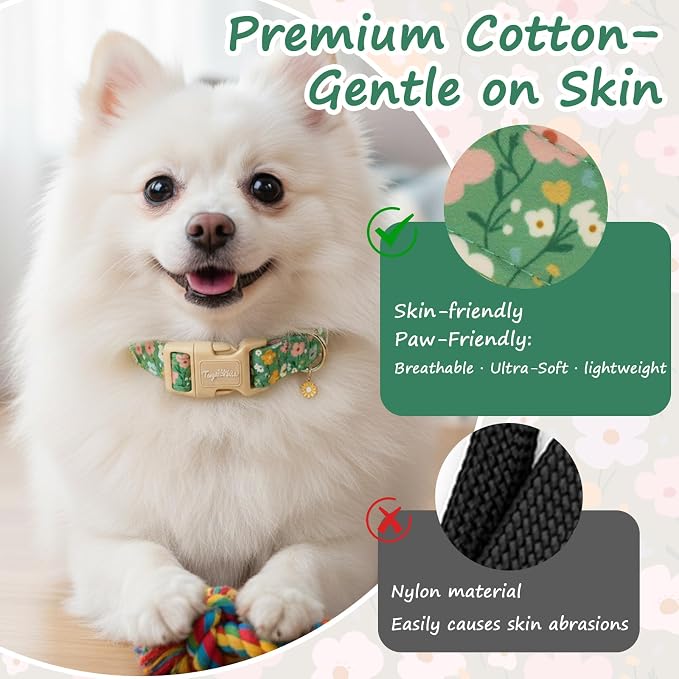 Dog Collars for Medium Dogs, Dog Collar with Floral Patterns Summer Green Dog Collar with Exquisite Pendant, Durable Adjustable Collars Floral Dog Collar Gifts for Medium Large Dogs-M
