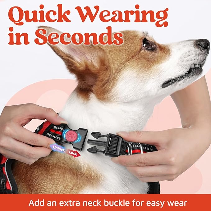 rabbitgoo Dog Harness Medium Sized, 3 Buckles Easy On & Off No Pull Pet Vest, Soft Padded Walking Pet Harness with Control Handle, Adjustable and Reflective, Red, M