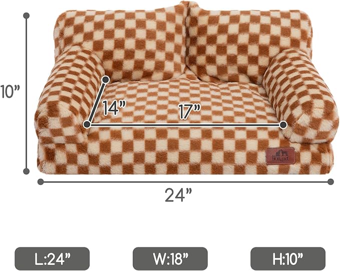 Hollypet Fluffy Dog Cat Bed Pet Couch Beds Plush Soft Warming Washable Puppy Bed for Small Medium Dogs and Large Cats, Brown and Light Yellow, 24" L x 18" W x 10" Th