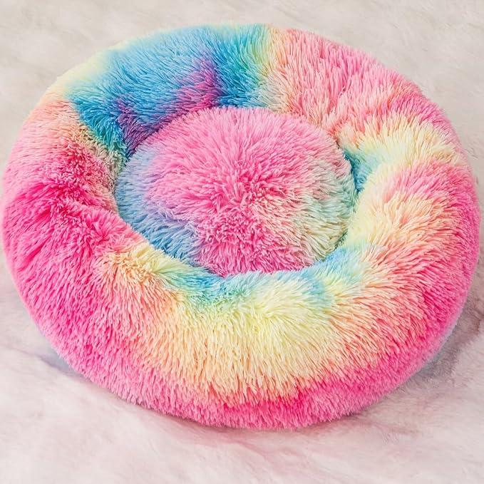 Rainbow Cat Bed for Indoor Cats,Ultra-Soft Plush Calming Kitten Cave Dog Bed,Cama para Gatos Cat Cave Up to 11LB,Soft Washable Anti-Slip Pet Sleeping Bag,17inch