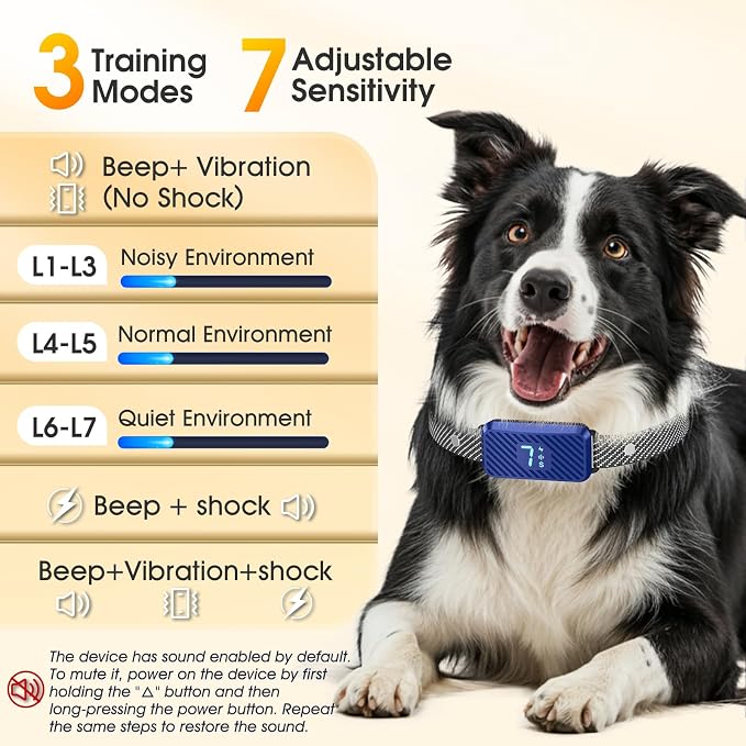 Dog Bark Collar for Large Medium Small Dogs, Effective No-Bark Collar, Smart Barking Collar, Rechargeable Bark Collar with 7 Sensitivity, 3 Modes, Waterproof (DarkBlue)