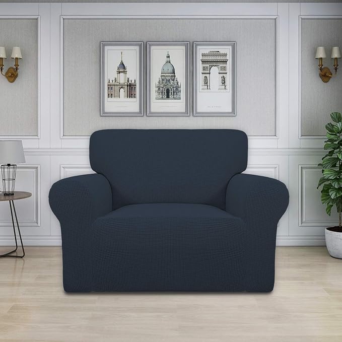 Easy-Going Stretch Oversized Chair Sofa Slipcover 1-Piece Couch Sofa Cover Furniture Protector Soft with Elastic Bottom for Kids Spandex Jacquard Fabric Small Checks Dark Blue