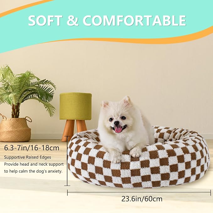 23 Inch Calming Dog Bed for Small Dogs Cats, Kitty Puppy Round Anti-Anxiety Warm Bed, Soft Cozy Anti-Slip Donut Washable Pet Bed, Fits up to 30 lbs Pets