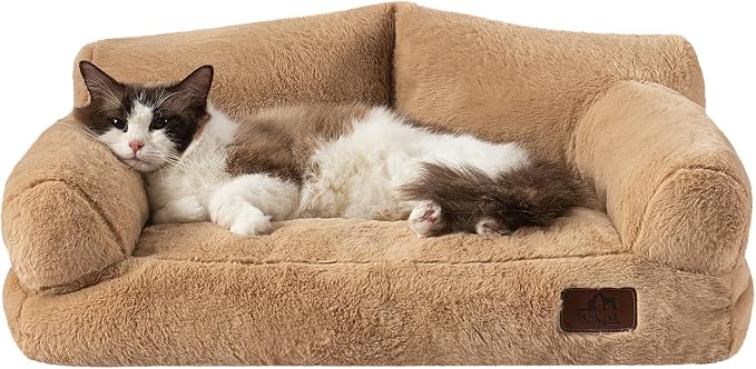 Hollypet Fluffy Dog Cat Bed Pet Couch Beds Plush Soft Warming Washable Puppy Bed for Small Medium Dogs and Large Cats, Light Brown, 24" L x 18" W x 10" Th