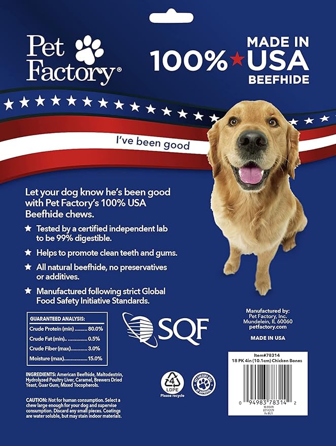 Pet Factory 100% Made in USA Beefhide 4" Knotted Bones Dog Chew Treats - Chicken Flavor, 18 Count/1 Pack