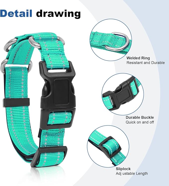Reflective Martingale Dog Collars. Dog Collar with Quick Release Buckle. Adjustable Soft Padded Breathable Nylon Pet Collar Suitable for Puppies for Small Medium Large Dogs.