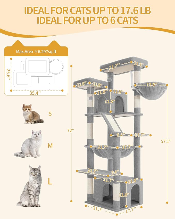Hzuaneri Large Cat Tree, 72 Inch Tall Indoor Cat Tower for 6 Large Cats, Corner Climbing Activity Pet Condo with 2 Large Platforms/2 Cats House/6 Scratching Post/1 Hanging Basket, Light Gray MS18318LG