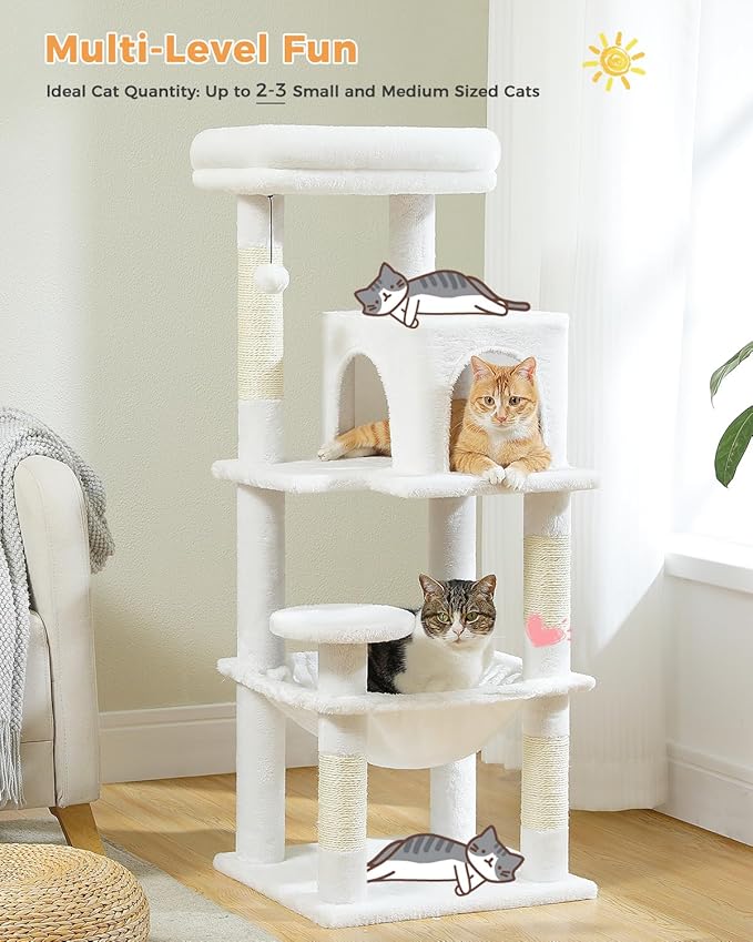 MUTTROS White Cat Tree for Indoor Cats, 45.7" Multi-Level Cat Tower with Large Metal Frame Hammock, Cat Condo with 4 Scratching Posts and Top Perch, White
