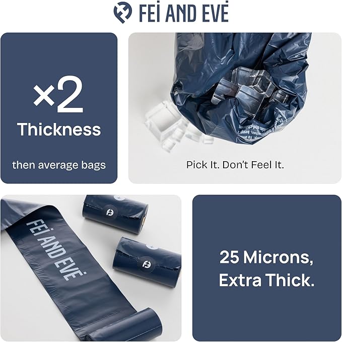 Fei & Eve Dog Poop Bags - Extra Thick 25 Micron & 100% Leak-Proof | Full Blackout & Odor-Locking | Stretch Resistant | Easy to Tear off | Waste Bags | Unscented | 20 Rolls