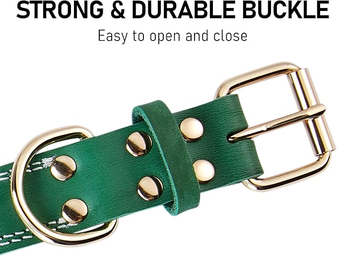 Leather Dog Collar, Heavy Duty, Wide, Genuine, for Medium & Large Dogs, Dual Stitch - Green