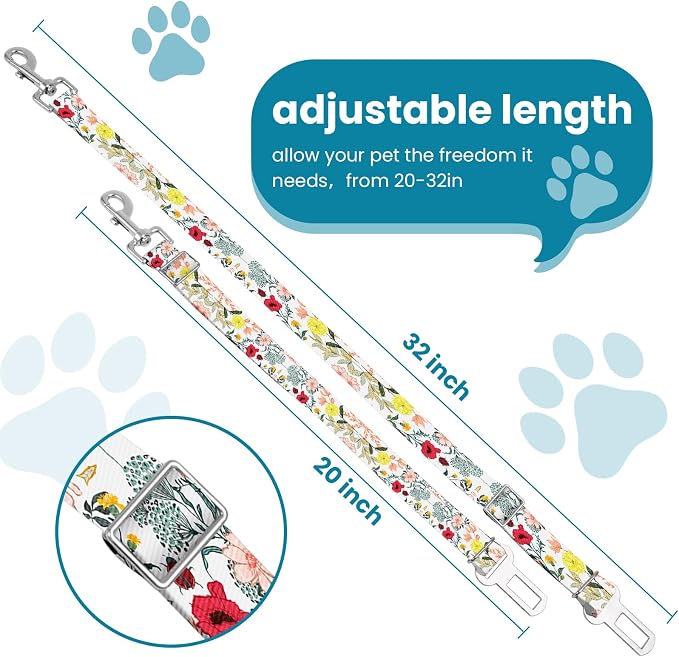 Adjustable pet cat and Dog car seat Belt， The Lanyard is Flexible and Adjustable from 20 to 33 inches (White Flower)