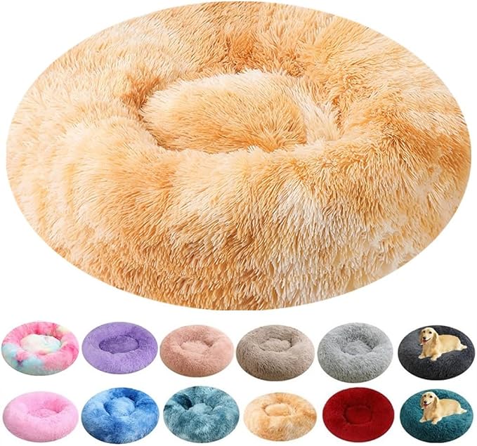 Dog & Cat Bed, 27 Inch Cat Beds for Indoor Cats, Calming Donut Bed for Small Medium Dogs and Cats, Anti-Anxiety Plush Faux Fur Large Cat Beds Washable, Yellow White