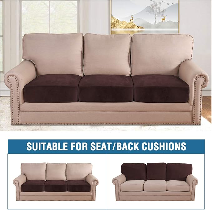 H.VERSAILTEX Velvet Stretch Couch Cushion Cover Plush Cushion Slipcover for Chair Loveseat Sofa Cushion Furniture Protector Seat Cushion Sofa Cover (3 Piece XL Sofa Cushion Covers, Brown)