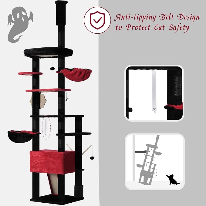Hey-brother Gothic Cat Tree, 98.4-110.2 Inches Floor to Ceiling Cat Tree-Adjustable Height, Tall Cat Climbing Tower for Cats Large Adult with Scratching Post, Cat cando, Black and Red 0MPJ091BR