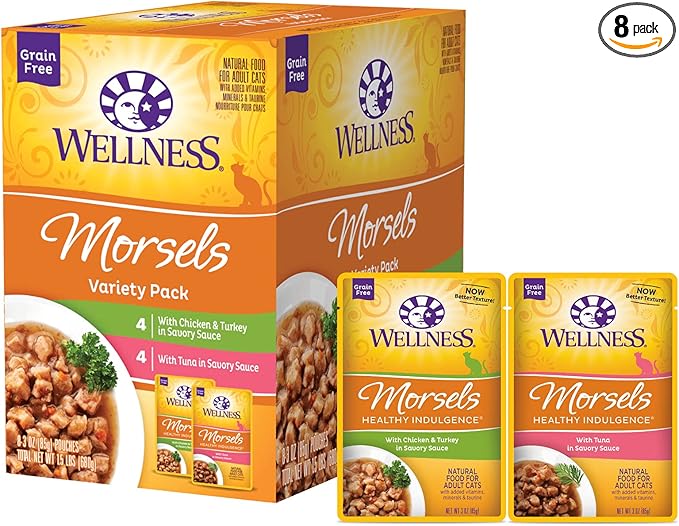 Wellness Healthy Indulgence Morsels Variety Pack Adult Wet Cat Food, Natural, Protein Rich, Grain Free, 2 Flavors, 3 oz, Pack of 8 Pouches